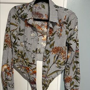 Fashion Nova Striped Floral Crop Shirt - Black, White & Rust
